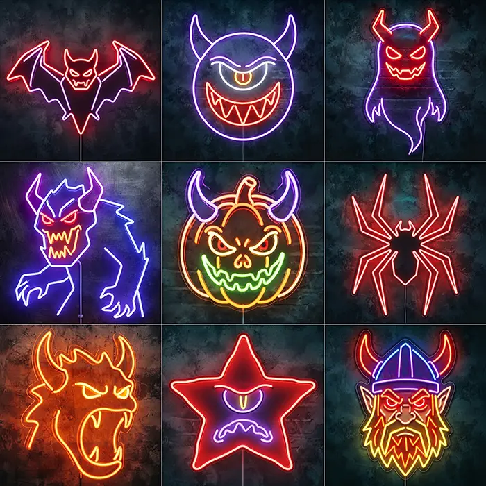 Dunkle Kräfte Halloween Set Neon LED Schild – 9 Motive, dimmbar | Grusel Wanddeko