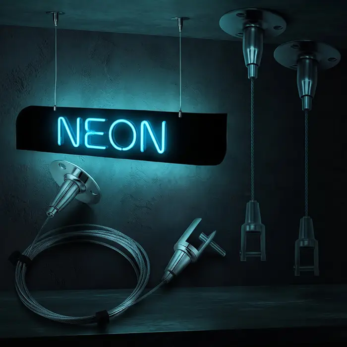 Edelstahl Seilaufhängung für Neon LED Schilder – 2er Set | Deckenmontage