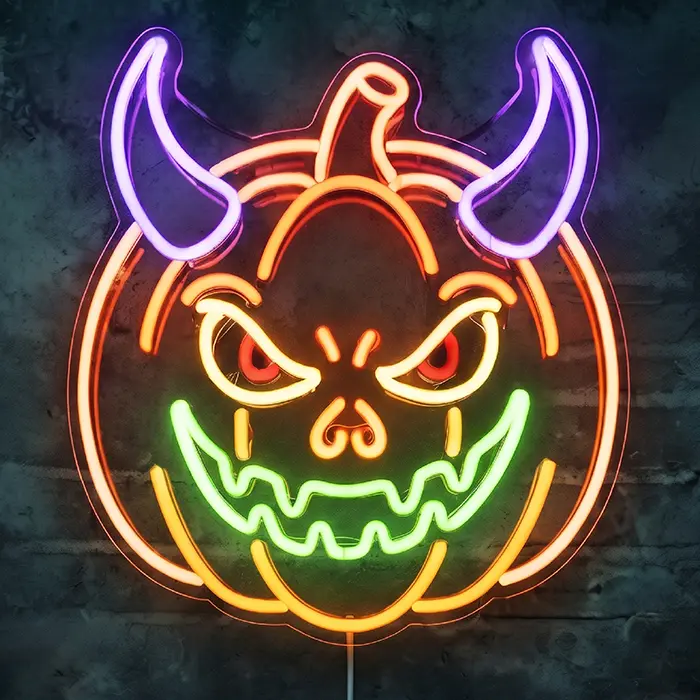 Monster Kürbis Neon LED Schild – Dimmbar mit Fernbedienung | Halloween Deko