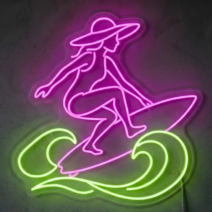 Surfing Girl Beach Vibes Neon LED Schild – Dimmbar mit Fernbedienung | Surfer Deko