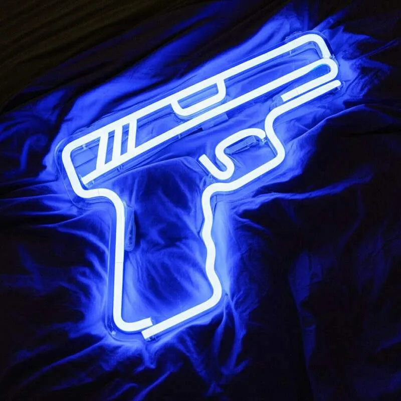 Blaue Pistole Neon LED Schild – USB, dimmbar | Pop-Art Statement Wanddeko