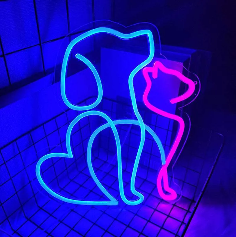 Hund & Katze Neon LED Schild – USB, dimmbar | Tierfreunde Wanddeko