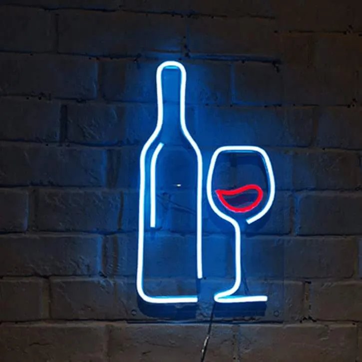 Weinglas & Flasche Neon LED Schild – USB, dimmbar | Weinliebhaber Geschenk