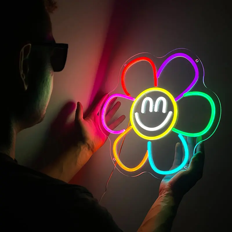 Smiley Blume Neon LED Schild – USB, dimmbar | Gute Laune Wanddeko