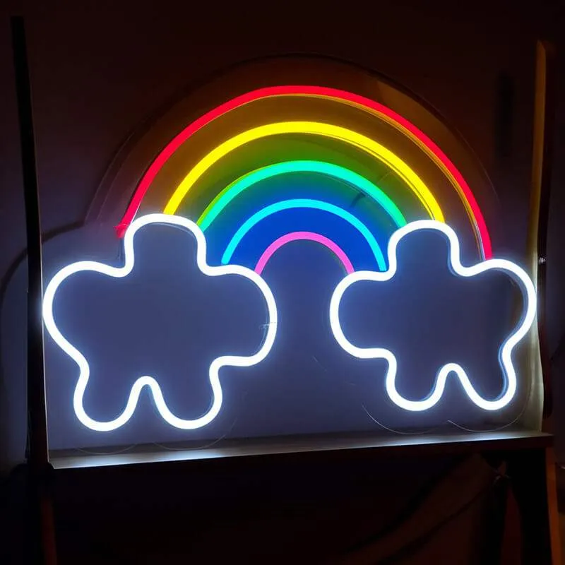 Regenbogen mit Wolken Neon LED Schild – USB, dimmbar | Kinderzimmer Wanddeko