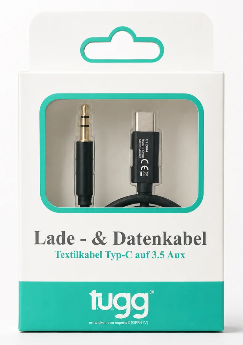 TUGG USB-C auf 3,5mm AUX Kabel 1,2m Audio Adapter Typ-C Klinkenkabel Textilkabel