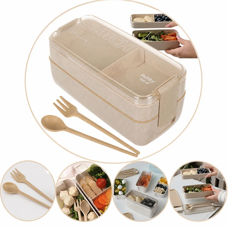 Lunchbox 750ml mit Besteck Brotdose Bento Box 2 Fächer Weizenstroh Beige