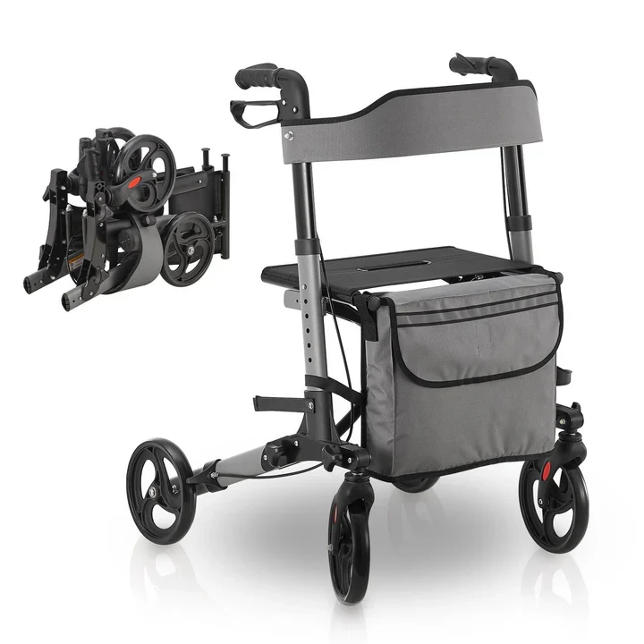 Aluminium Rollator Vital klappbar mit Sitzfläche & Einkaufstasche in grau