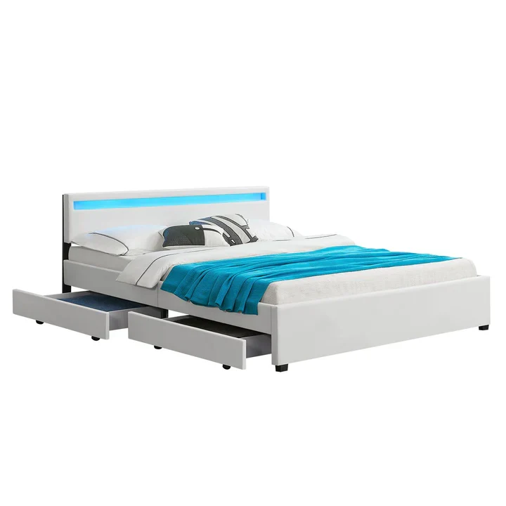 LED Polsterbett Lyon mit Bettkasten 180x200 cm mit Lattenrost weiss