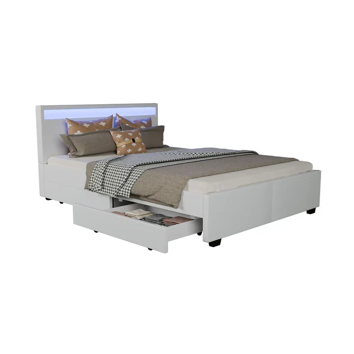 LED Polsterbett Lyon mit Bettkasten 140 x 200 cm - weiss