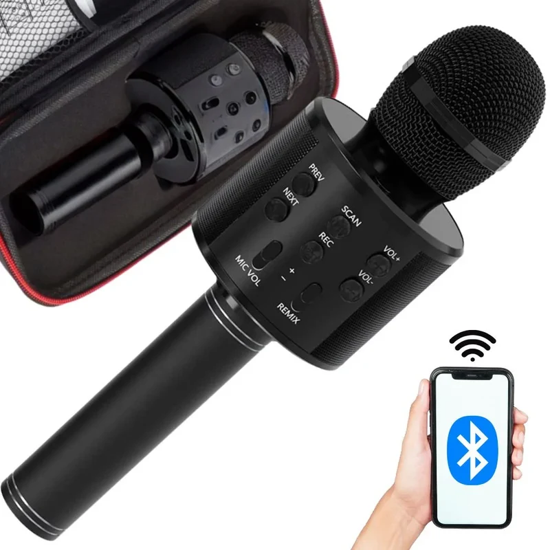 Kabelloses Bluetooth Karaoke Mikrofon mit 5W Lautsprecher, Echo-Effekt, Sprachmodi, MicroSD & Etui
