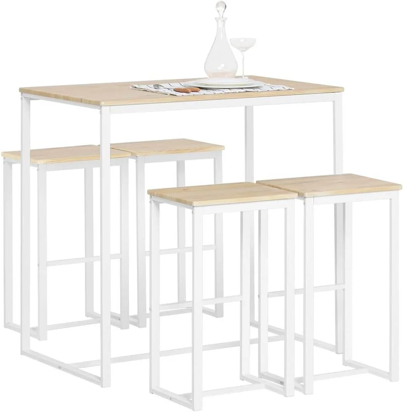 Bartisch mit 4 Hockern | Bartisch set | Stehtisch | 5-teilig | weiß-natur | OGT15-WN
