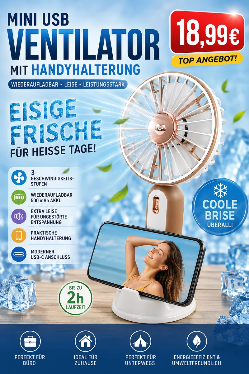 Mini USB Ventilator mit Handyhalterung – Wiederaufladbarer Tischventilator USB-C