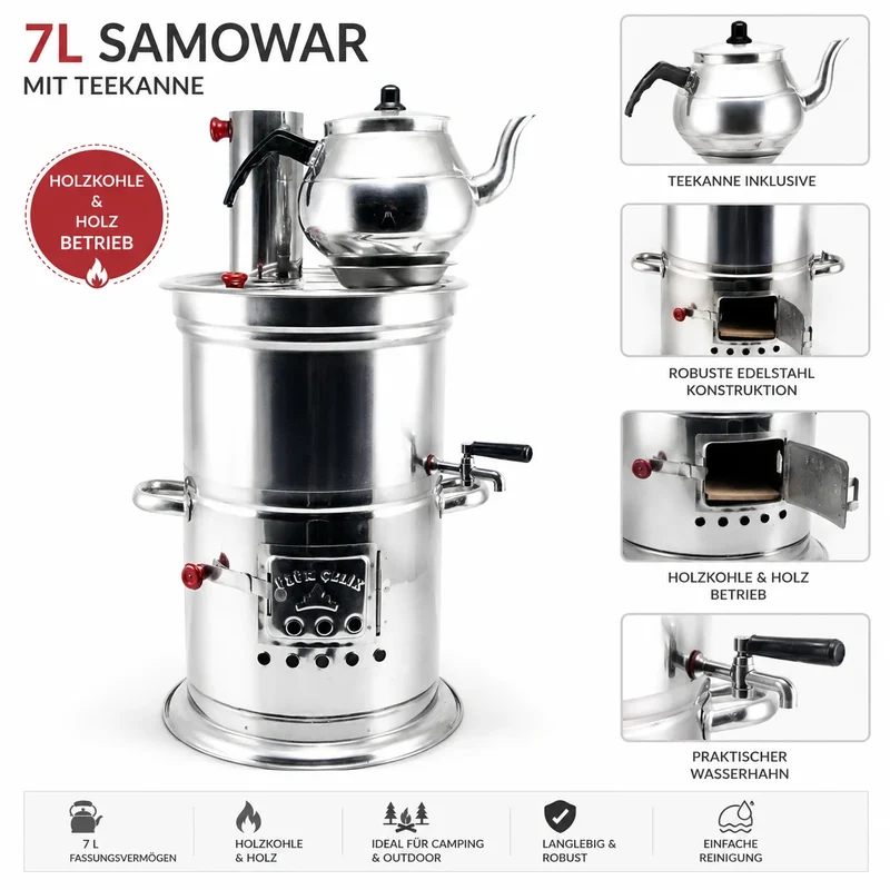Holzkohle Samowar Edelstahl Semaver Teekocher mit Teekanne für Garten & Camping