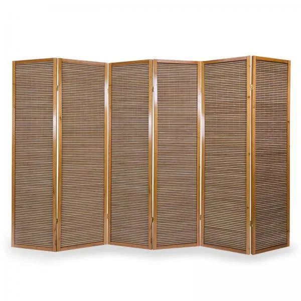 6fach Holz Paravent Raumteiler Bambus braun