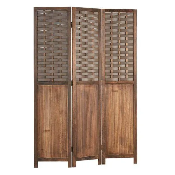 Paravent Raumteiler 3 teilig Holz Trennwand Rattan Sichtschutz Braun