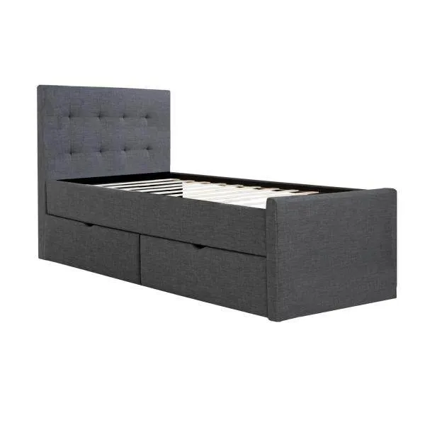 Polsterbett 90x200 cm Grau Einzelbett Tagesbett mit Lattenrost 2 Schubladen