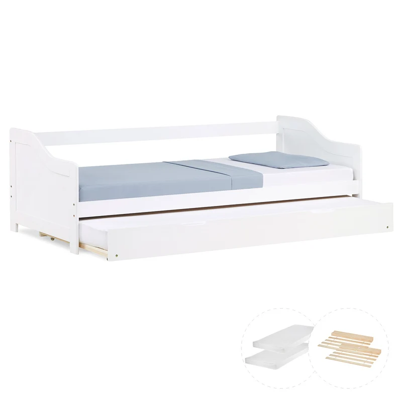 Holzbett 90x200 cm Weiss | ausziehbar | Koje | mit Matratze | Ausziehbett Duo-Bett Funktionsbett