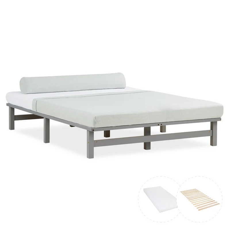 Palettenbett 140x200 cm Grau | Doppelbett mit Matratze | mit Lattenrost | Holz | Jugend Gast