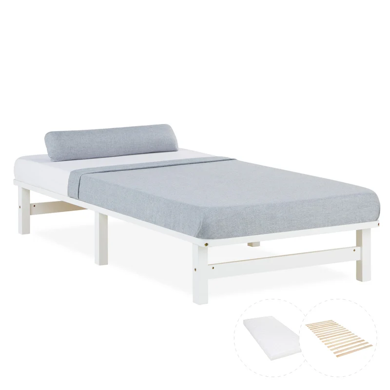 Palettenbett 90x200 cm Weiss | Einzelbett mit Matratze | mit Lattenrost | Holz | Jugend Gast