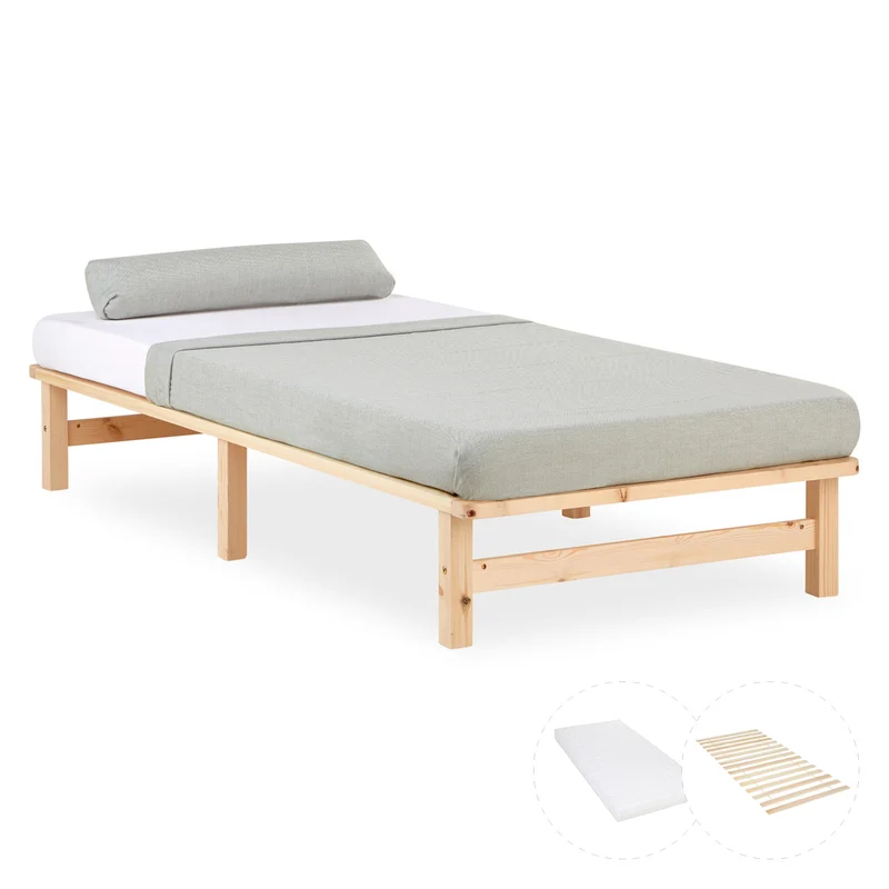 Palettenbett 90x200 cm Natur | Einzelbett mit Matratze | mit Lattenrost | Holz | Jugend Gast