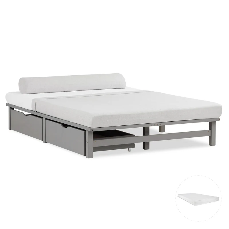 Palettenbett 140x200 cm Grau | Doppelbett mit Bettkästen | mit Matratze | Holz | Kind Gast