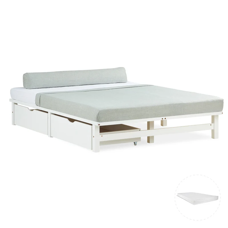 Palettenbett 140x200 cm Weiss | Doppelbett mit Bettkästen | mit Matratze | Holz | Kind Gast