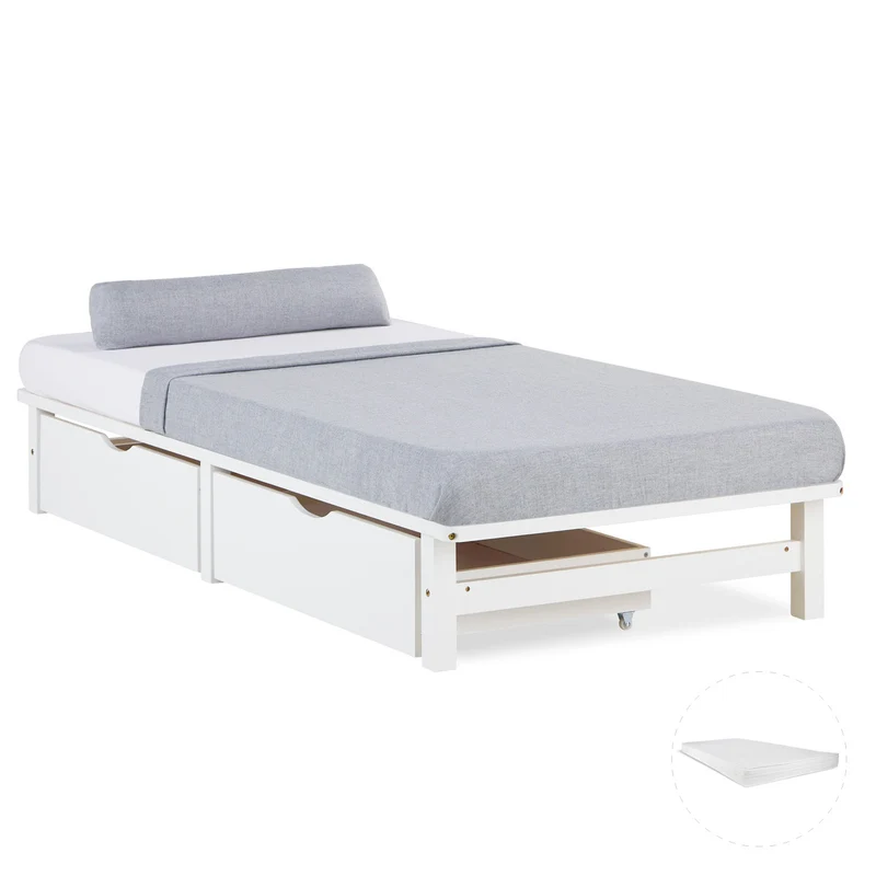 Palettenbett 90x200 cm Weiss | Einzelbett mit Bettkästen | mit Matratze | Holz | Kind Jugend
