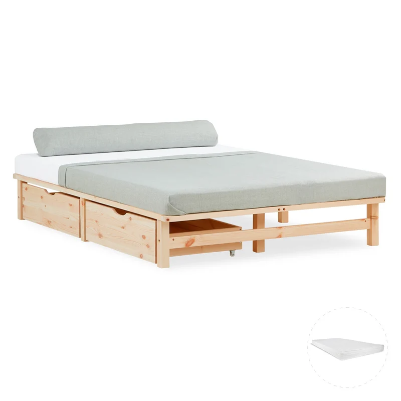 Palettenbett 140x200 cm Natur | Einzelbett mit Bettkästen | mit Matratze | Holz | Jugend Gast