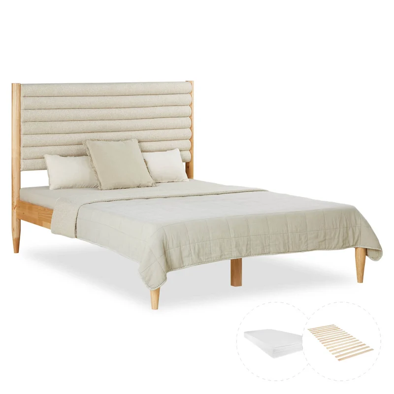 Holzbett mit Polsterkopfteil 140x200 cm Eiche Beige Bouclé | mit Lattenrost | mit Matratze