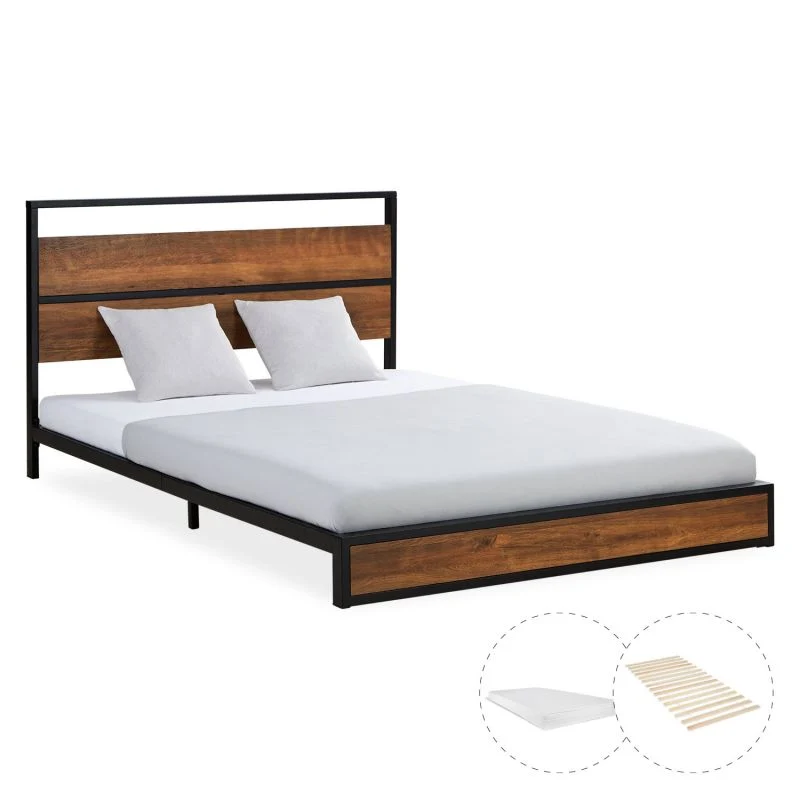 Metallbett mit Matratze & Lattenrost 140x200 cm Schwarz Braun