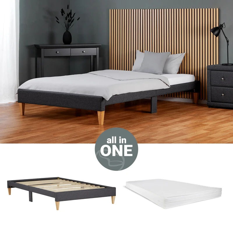 Polsterbett 90x200 cm Grau | Futonbett | mit Lattenrost | mit Matratze | Stoffbett