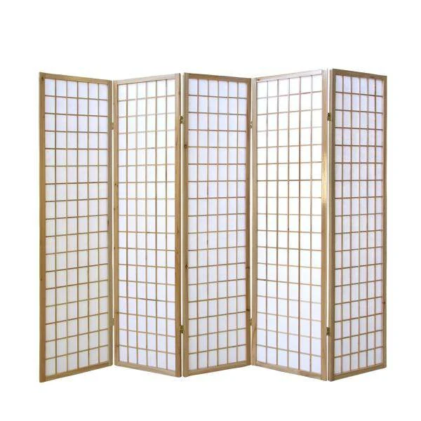 5 fach Holz Paravent Raumteiler Shoji natur