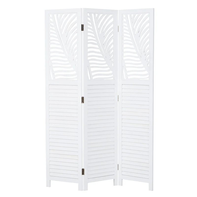 Paravent Weiss Rattan-Optik Verzierungen 3 teilig Raumteiler Trennwand Sichtschutz