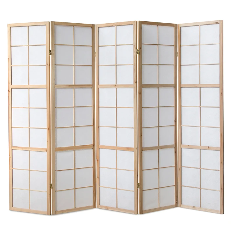 Paravent Natur Shoji Reispapier Weiss | 5 teilig | Holz | Raumteiler Trennwand Sichtschutz