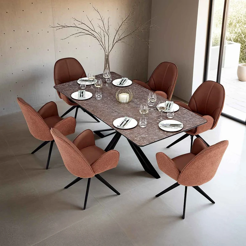 Esstisch mit 6 Stühlen Set Essgruppe Polsterstühle Drehbar Bouclé Leder Braun 200x100 cm Metall Schwarz
