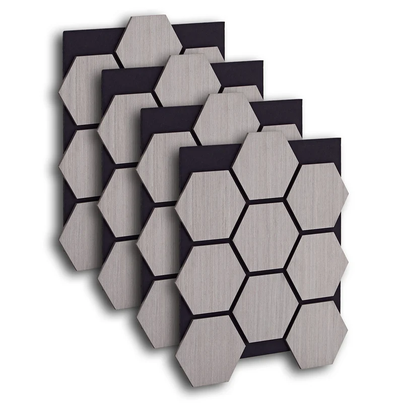 4er Set Akustikpaneele Wandpaneele Hexagon Wabe 76 x 62 cm Grau Holz 3D