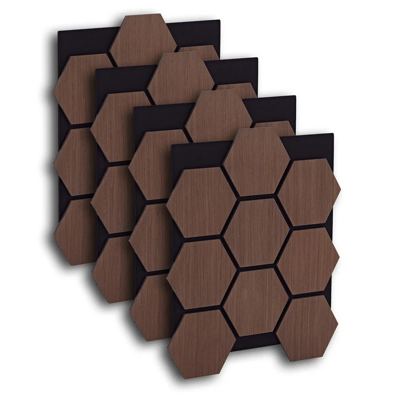 4er Set Akustikpaneele Wandpaneele Hexagon Wabe 76 x 62 cm Braun Walnuss Holz 3D