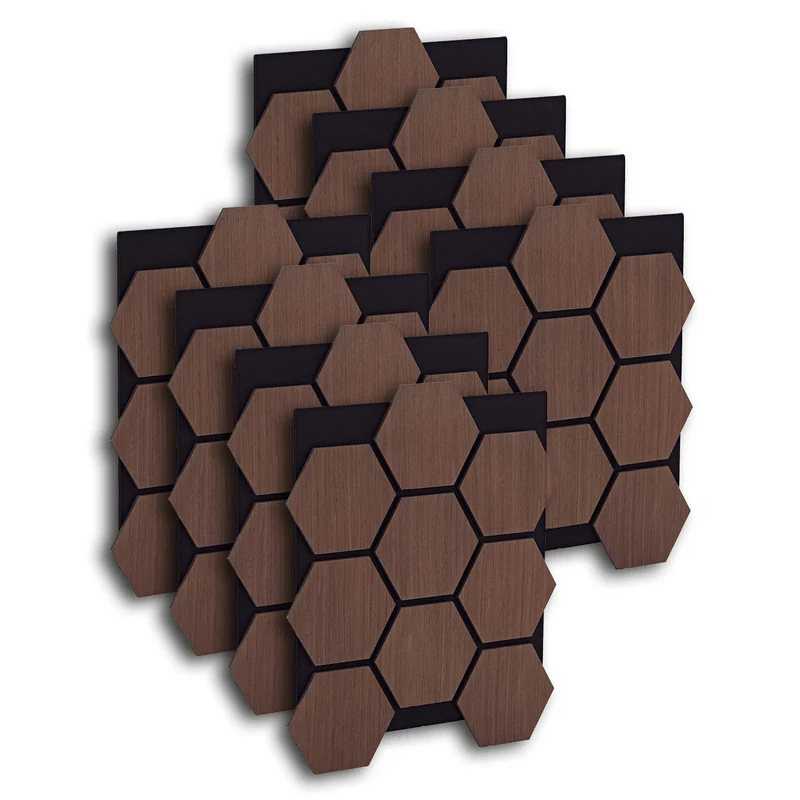 8er Set Akustikpaneele Wandpaneele Hexagon Wabe 76 x 62 cm Braun Walnuss Holz 3D