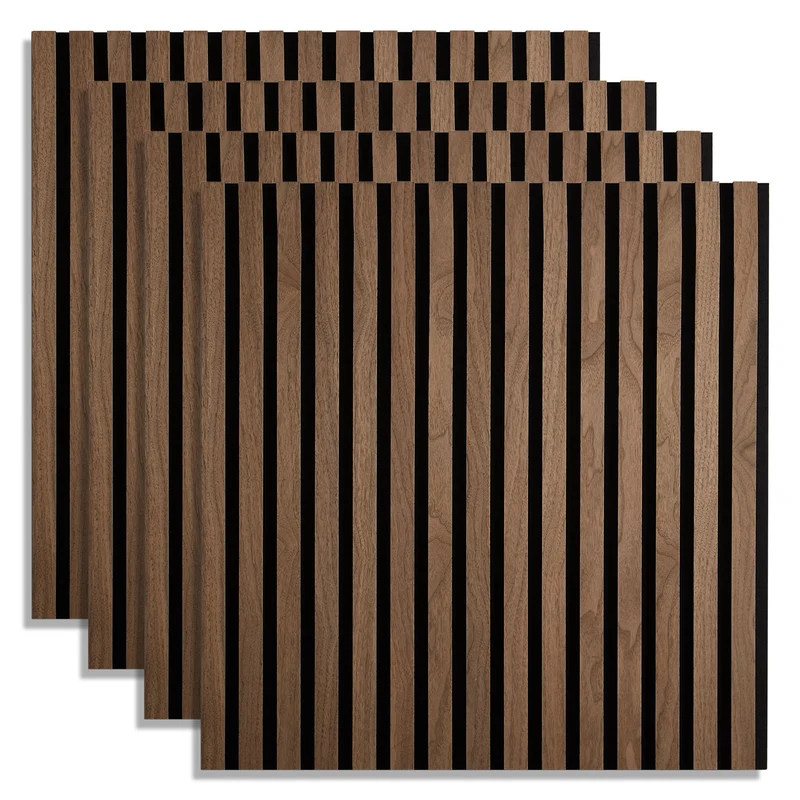 4er-Set | Akustikpaneele Wandpaneele 60 x 60 cm Braun Walnuss | Holz | 3D Leisten