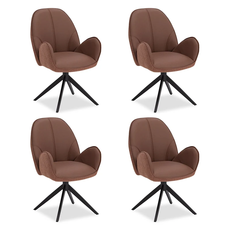 4x Polsterstuhl Bouclé Leder Braun | drehbar | mit Armlehnen | Küche Esszimmer Büro