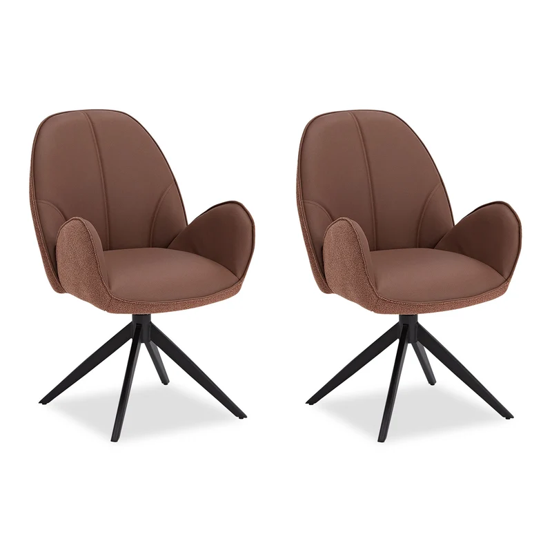 2x Polsterstuhl Bouclé Leder Braun | drehbar | mit Armlehnen | Küche Esszimmer Büro
