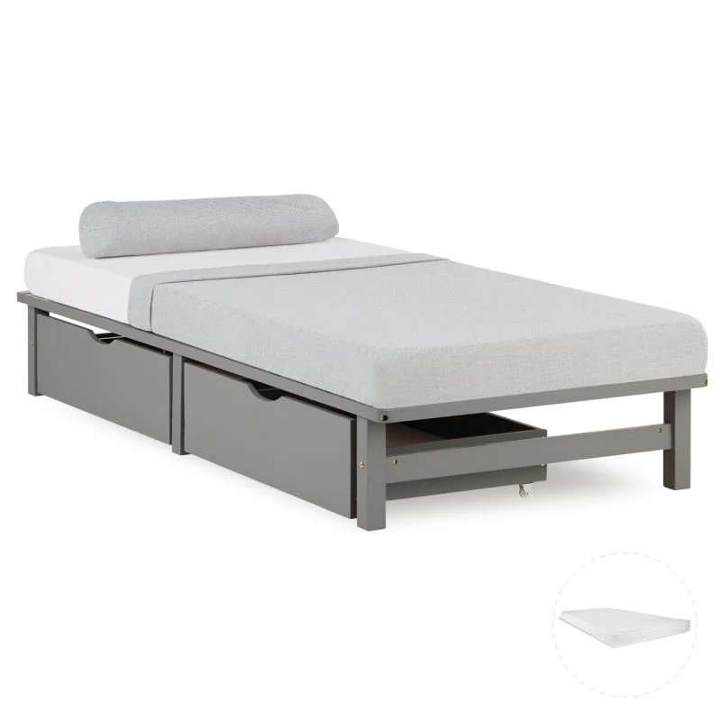 Palettenbett 90x200 cm mit Bettkästen & Matratze Grau