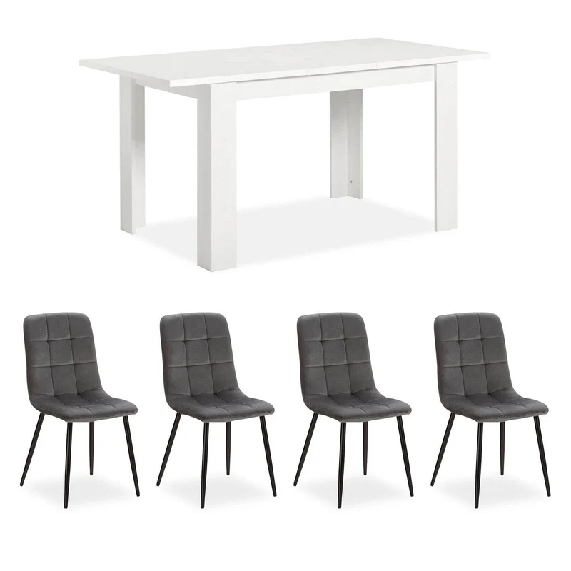 Esstisch mit 4 Stühlen Set Essgruppe Samt Grau Holz Weiss 120x80 cm Massiv