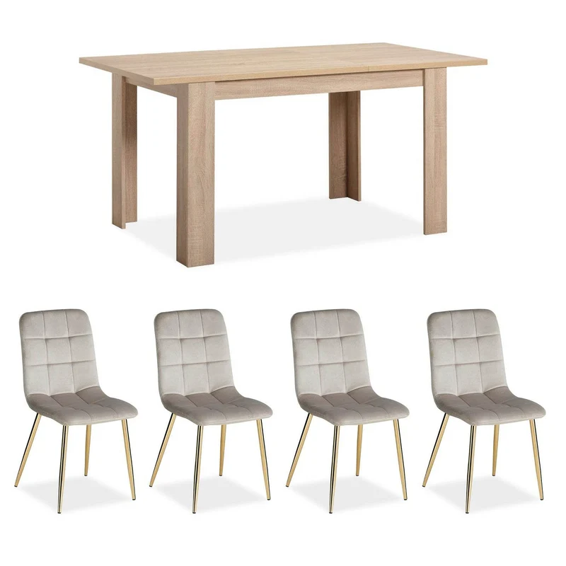 Esstisch mit 4 Stühlen Set 120x80 cm Samt Natur Creme
