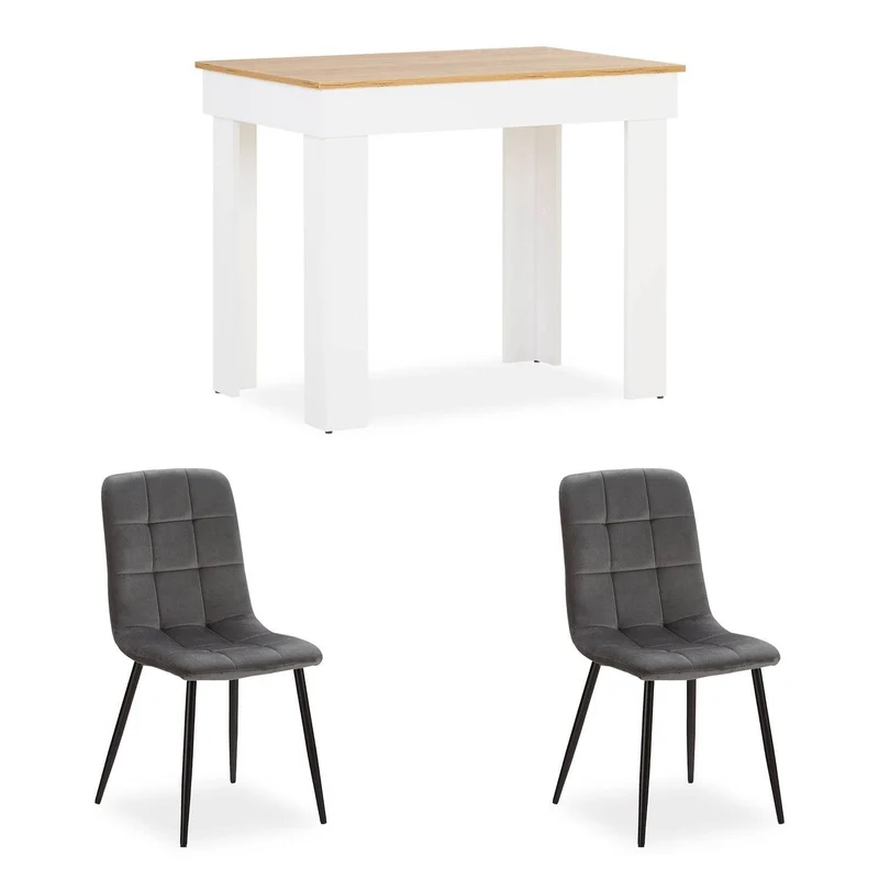 Esstisch mit 2 Stühlen Set Essgruppe 90x60 cm Weiss Grau
