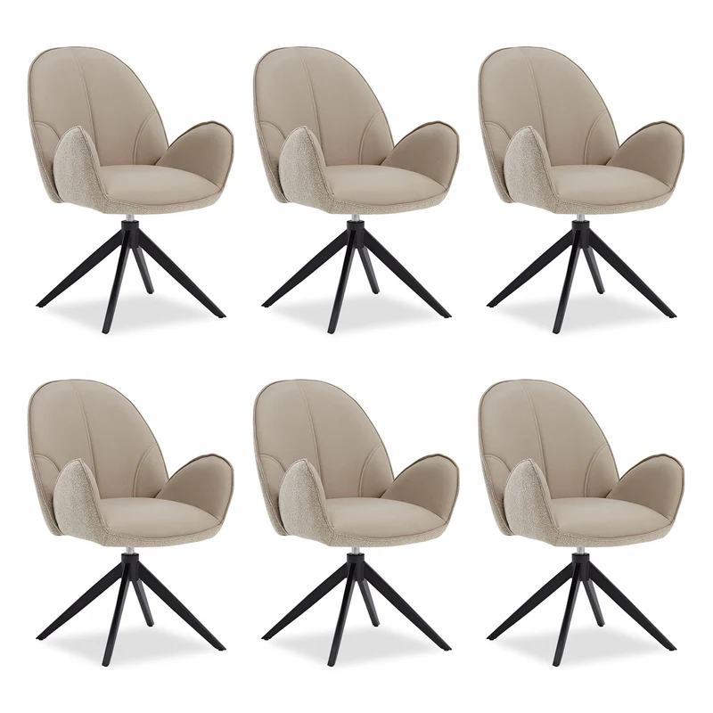 6er Set Polsterstuhl Bouclé Leder Drehbar Beige