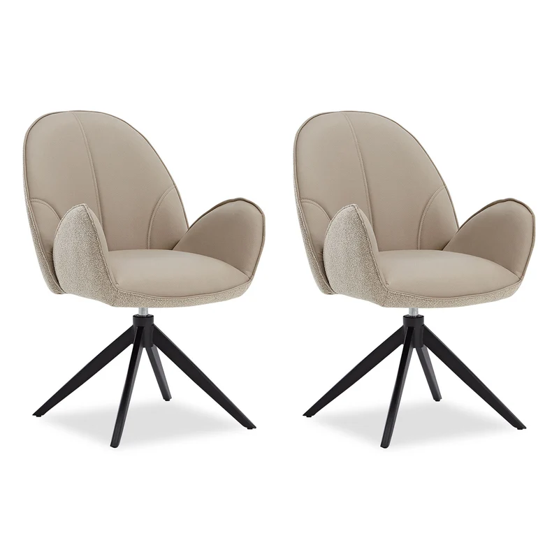 2er Set Polsterstuhl Bouclé Leder drehbar Beige