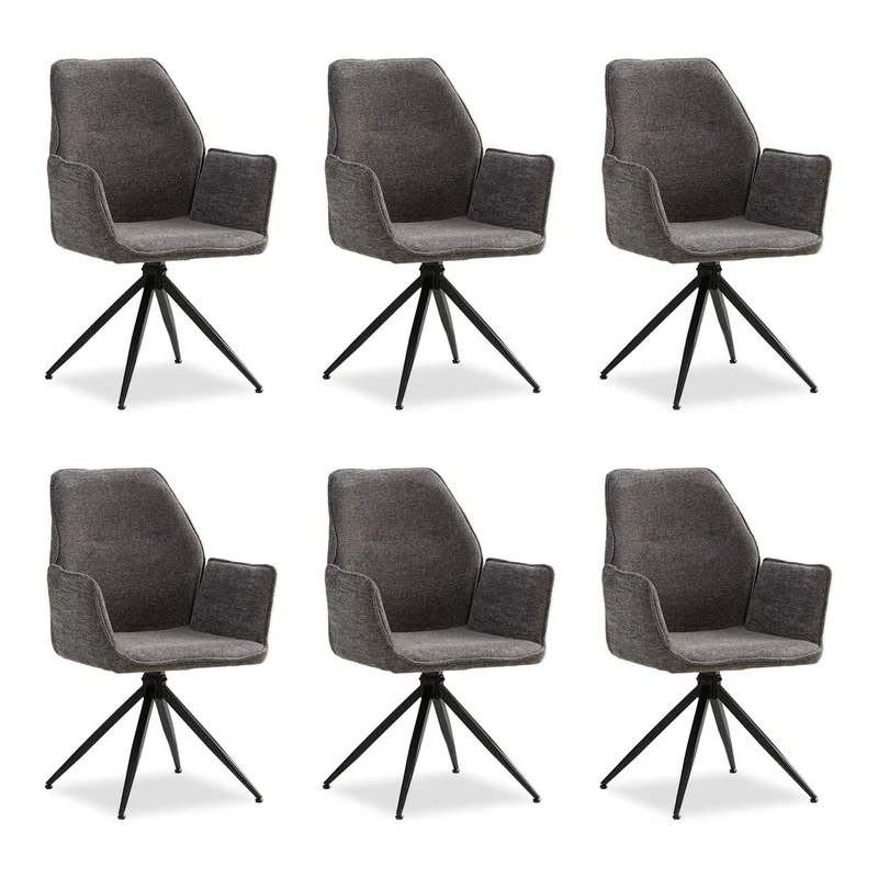 Polsterstuhl Chenille Wolle Grau | 6er Set | drehbar | mit Armlehnen | Küche Esszimmer Büro
