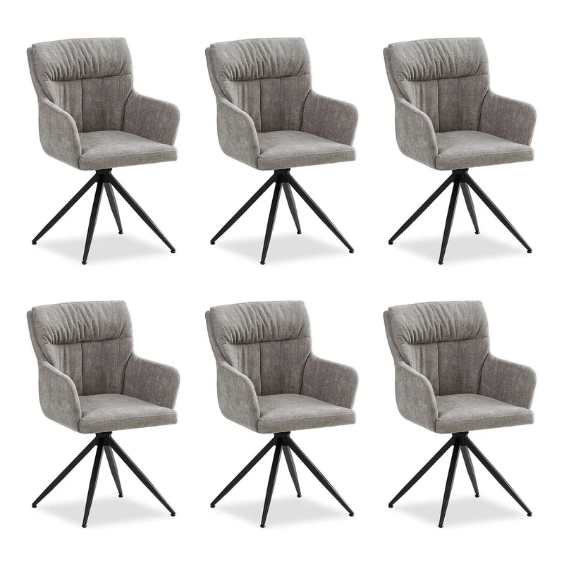 Polsterstuhl Leinen Grau | 6er Set | drehbar | mit Armlehnen | Küche Esszimmer Büro